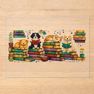 Invitaciones Acrílicas Perros leyendo libros Escena de biblioteca acogedo