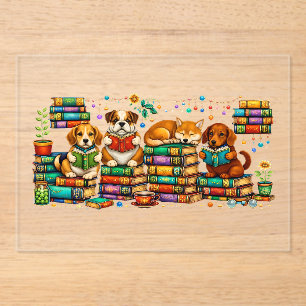 Invitaciones Acrílicas Perros Leyendo Libros Escena de Biblioteca Acogedo