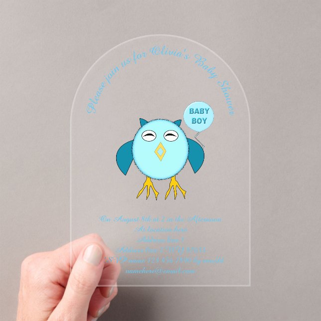 Invitaciones Acrílicas Personalizado de Bebé Azul lindo Lechuza Baby Show (Insitu (portátil))