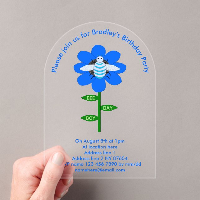 Invitaciones Acrílicas Personalizado de cumpleaños azul de Happy Bee Day  (Insitu (portátil))