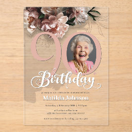 Invitaciones Acrílicas Personalizado Floral Rosa Foto 90 cumpleaños