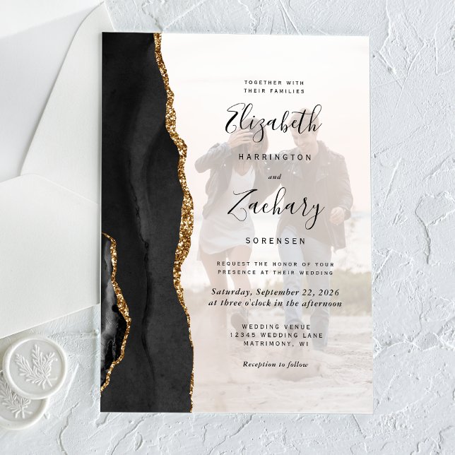Invitaciones Acrílicas Personalizado Foto Boda de Black Gold Agate (Subido por el creador)