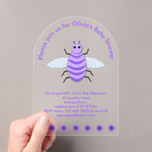 Invitaciones Acrílicas Personalizado Neutral de Abeja Infantil Púrpura Cu