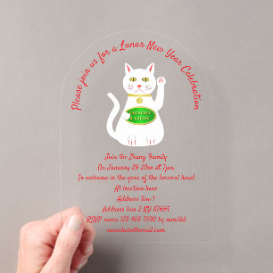 Invitaciones Acrílicas Personalizado Oriental Lucky Cat Año Nuevo Lunar
