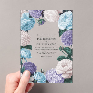 Invitaciones Acrílicas Pétalo Índigo, Hortensia Azul y Perla de Escarcha 