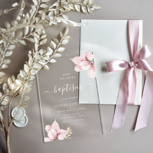 Invitaciones Acrílicas Pétalos de Flor Rosados Bautizo de Niñas Elegantes