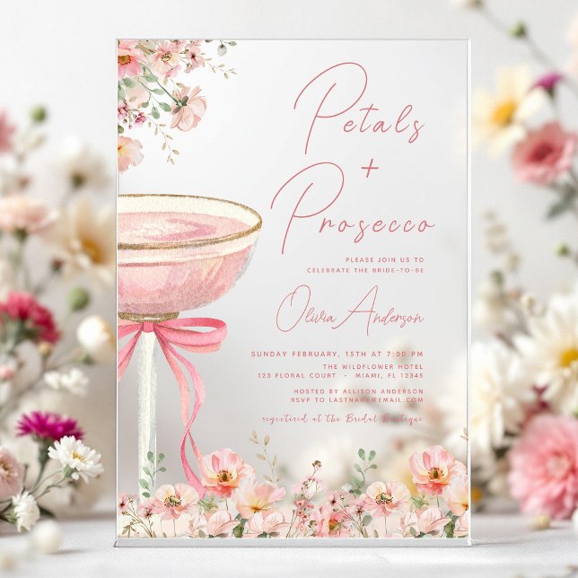 Invitaciones Acrílicas Pétalos de lazo rosa y brindis de prosecco rosa pa (Subido por el creador)
