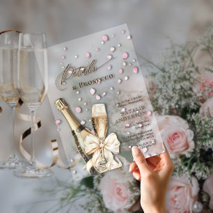 Invitaciones Acrílicas Pétalos rosados románticos Prosecco Bow Ducha Brid
