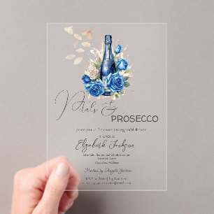 Invitaciones Acrílicas Pétalos y Prosecco Rosas Azules Champán