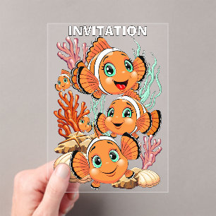 Invitaciones Acrílicas Pez payaso Dibujo animado lindo Familia Subacuátic