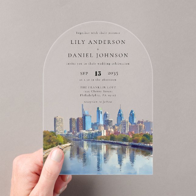 Invitaciones Acrílicas Philadelphia Skyline Watercolor Wedding Arch (Insitu (portátil))