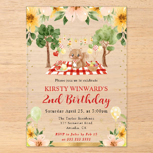 Invitaciones Acrílicas Pícnic de cumpleaños infantil de ardilla del bosqu