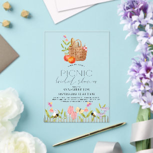 Invitaciones Acrílicas Picnic en la ducha con flores de la canasta del pa