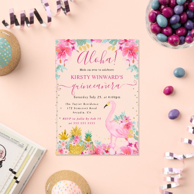 Invitaciones Acrílicas Piña rosa y dorada y flamenco Quinceanera (Insitu (Celebración))