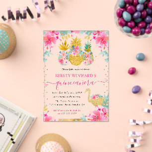 Invitaciones Acrílicas Piña rosa y dorada y quinceañera flamíngo