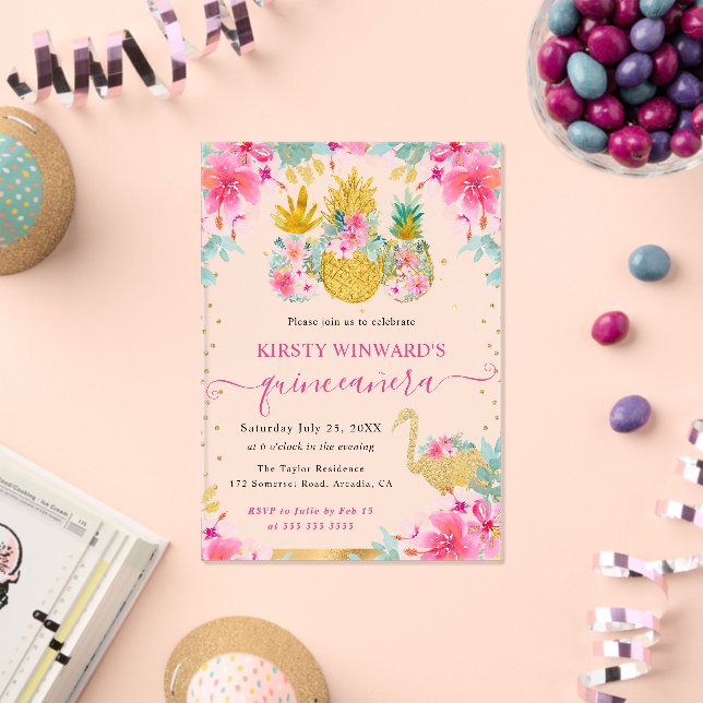 Invitaciones Acrílicas Piña rosa y dorada y quinceañera flamíngo (Insitu (Celebración))