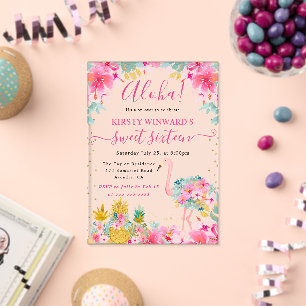 Invitaciones Acrílicas Piñas rosadas y doradas & Dulces 16 de Flamenco