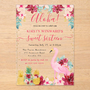 Invitaciones Acrílicas Piñas rosadas y doradas & Flamenco Cumple Dulces 1