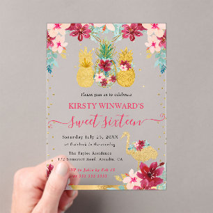 Invitaciones Acrílicas Piñas rosadas y doradas & Flamenco Cumpleaños Dulc