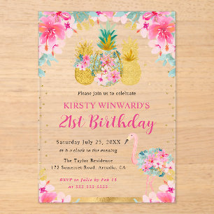 Invitaciones Acrílicas Piñas rosadas y doradas & Flamencos Cumpleaños 21