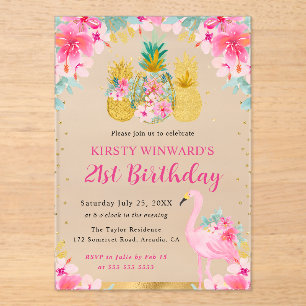 Invitaciones Acrílicas Piñas rosadas y doradas & Flamencos Cumpleaños 21