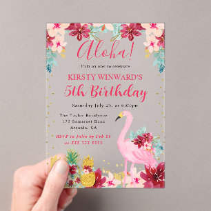 Invitaciones Acrílicas Piñas rosadas y doradas y cumpleaños de niños con