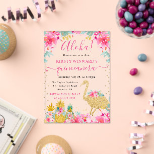 Invitaciones Acrílicas Piñas rosadas y doradas y flamencos 21º cumpleaños