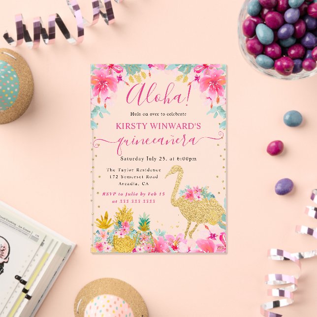 Invitaciones Acrílicas Piñas rosadas y doradas y flamencos 21º cumpleaños (Insitu (Celebración))