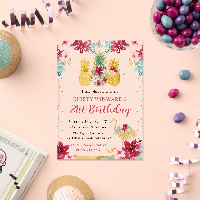 Invitaciones Acrílicas Piñas rosadas y doradas y flamencos 21º cumpleaños (Insitu (Celebración))