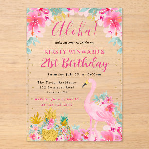 Invitaciones Acrílicas Piñas rosadas y doradas y flamencos 21º cumpleaños