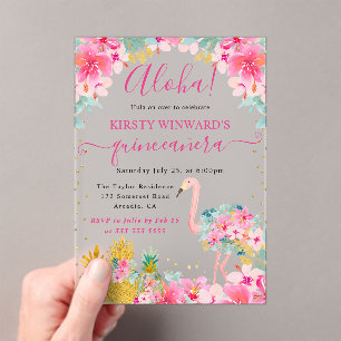 Invitaciones Acrílicas Piñas rosadas y doradas y Quinceañera de flamenco