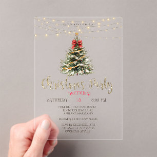 Invitaciones Acrílicas Pine Tree,Bow,String Lights Gold Navidades