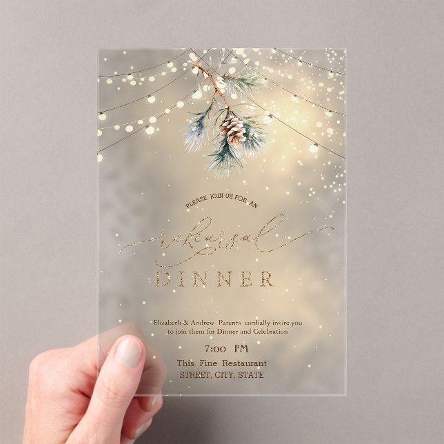 Invitaciones Acrílicas Pinecone String Lights Winter Rehearsal Dinner (Insitu (portátil))