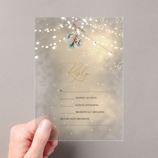 Invitaciones Acrílicas Pinecone String Lights Winter Wedding RSVP   (Insitu (portátil))