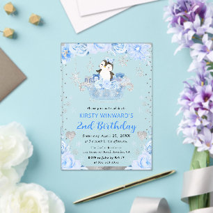 Invitaciones Acrílicas Pinguino Ártico Acuarela Floral 2do Cumpleaños