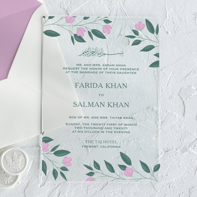 Invitaciones Acrílicas Pink and Teal Green Branch Islamic Muslim Wedding (Subido por el creador)
