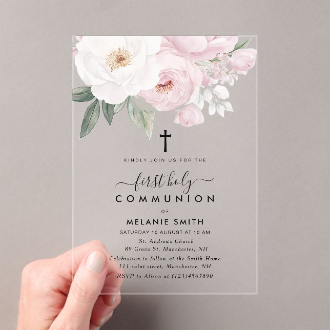 Invitaciones Acrílicas Pink and white flowers first holy communion (Insitu (portátil))