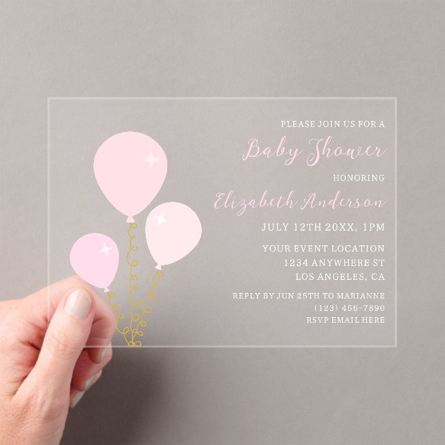 Invitaciones Acrílicas Pink Balloons Girl Baby Shower (Insitu (portátil))