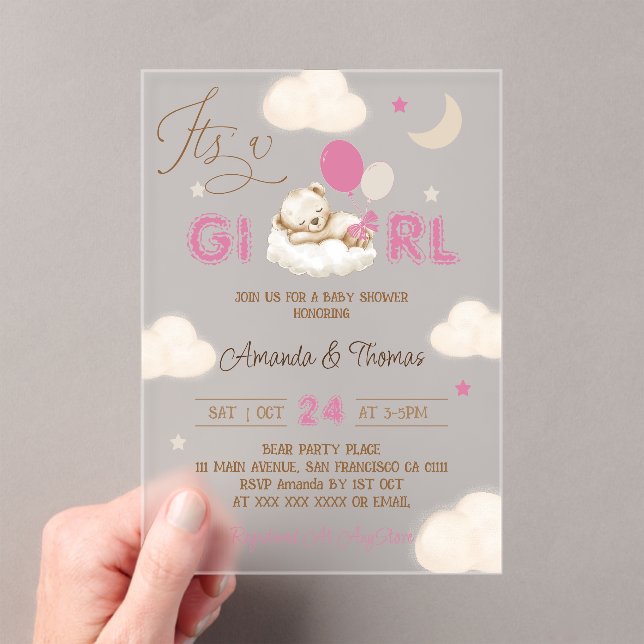 Invitaciones Acrílicas Pink Bear Boho Baby Shower (Insitu (portátil))