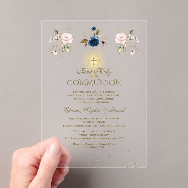 Invitaciones Acrílicas Pink Blue Floral Triplets First Holy Communion (Insitu (portátil))