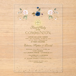 Invitaciones Acrílicas Pink Blue Floral Triplets First Holy Communion