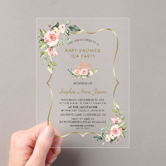 Invitaciones Acrílicas Pink Blush Floral Gold Baby Shower Tea Party