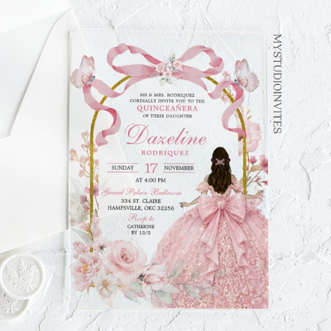 Invitaciones Acrílicas Pink Bow Coquette Butterfly Quinceañera (Subido por el creador)