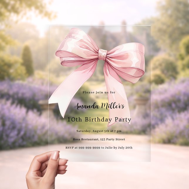Invitaciones Acrílicas Pink bow coquette girl luxury clear birthday (Subido por el creador)