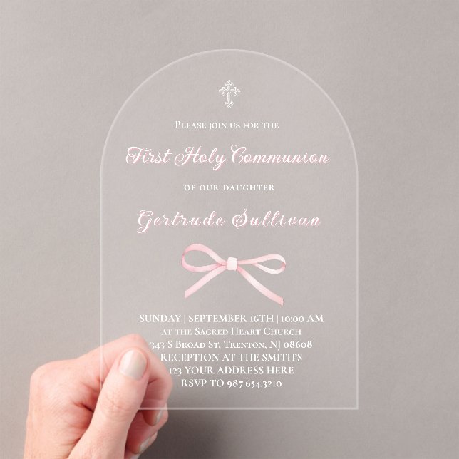 Invitaciones Acrílicas Pink bow First Holy Communion girl (Insitu (portátil))