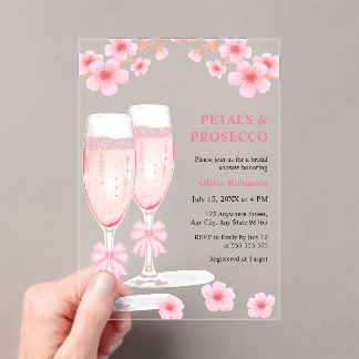 Invitaciones Acrílicas Pink Bow Floral Petals and Prosecco Bridal Shower 