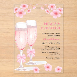 Invitaciones Acrílicas Pink Bow Floral Petals and Prosecco Bridal Shower 