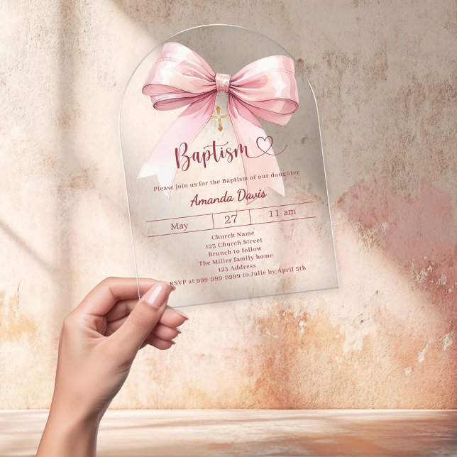 Invitaciones Acrílicas Pink bow girl elegant clear luxury arch Baptism (Subido por el creador)