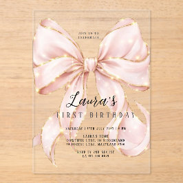 Invitaciones Acrílicas Pink Bow Girl First Birthday 
