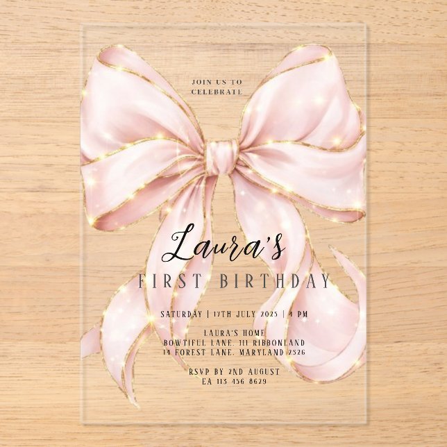 Invitaciones Acrílicas Pink Bow Girl First Birthday  (Anverso)